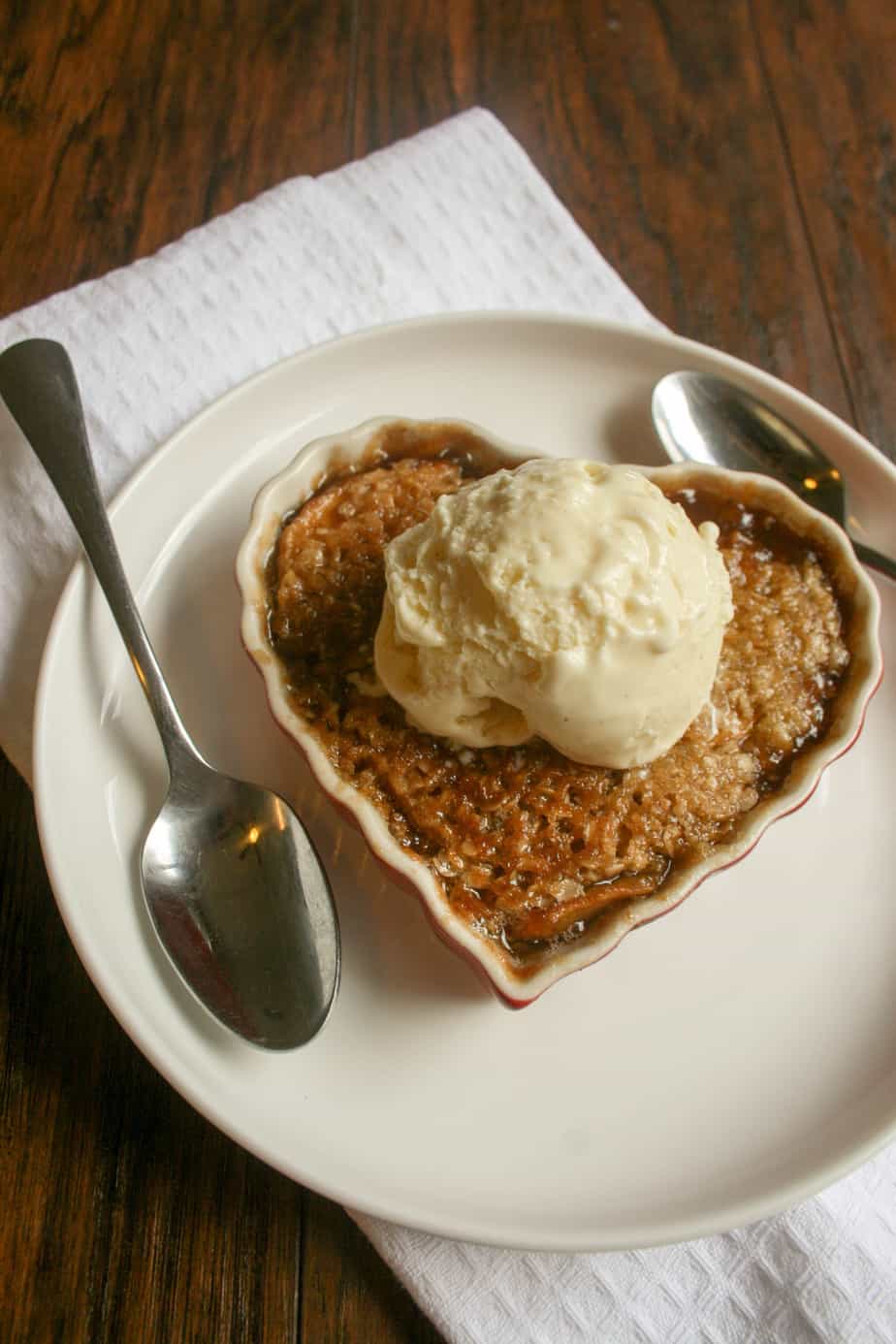 Apple Crisp for 2 is the perfect fall comfort food that you can eat all in one sitting. Easily make this for a crowd or just you and your loved one!
