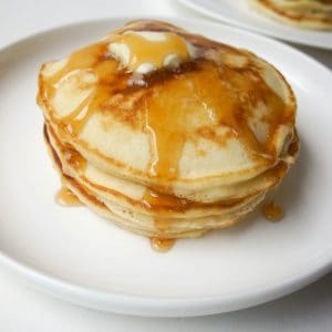 The best pancakes for two recipe (or single serving pancake recipe if you love these as much as I do!). These are fluffy, thick, slightly sweet, quick and easy in under 10 minutes. The perfect thing to wake up to!
