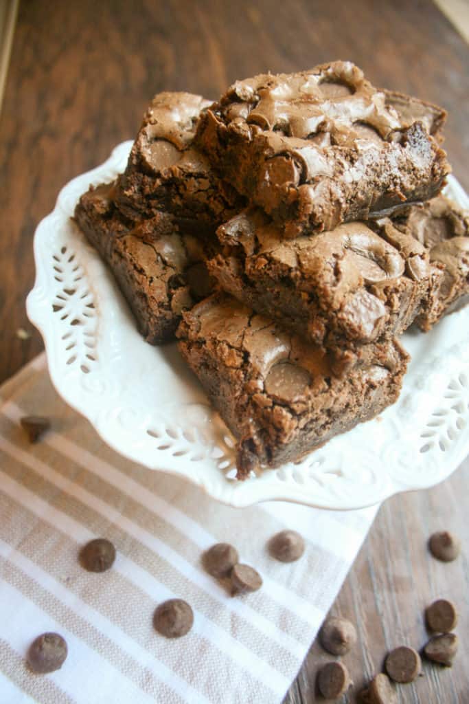 Double dark chocolate chip brownies are the perfect afternoon pick me up. Chock full of delicious, luscious chocolate, you won't be able to eat only one of these!