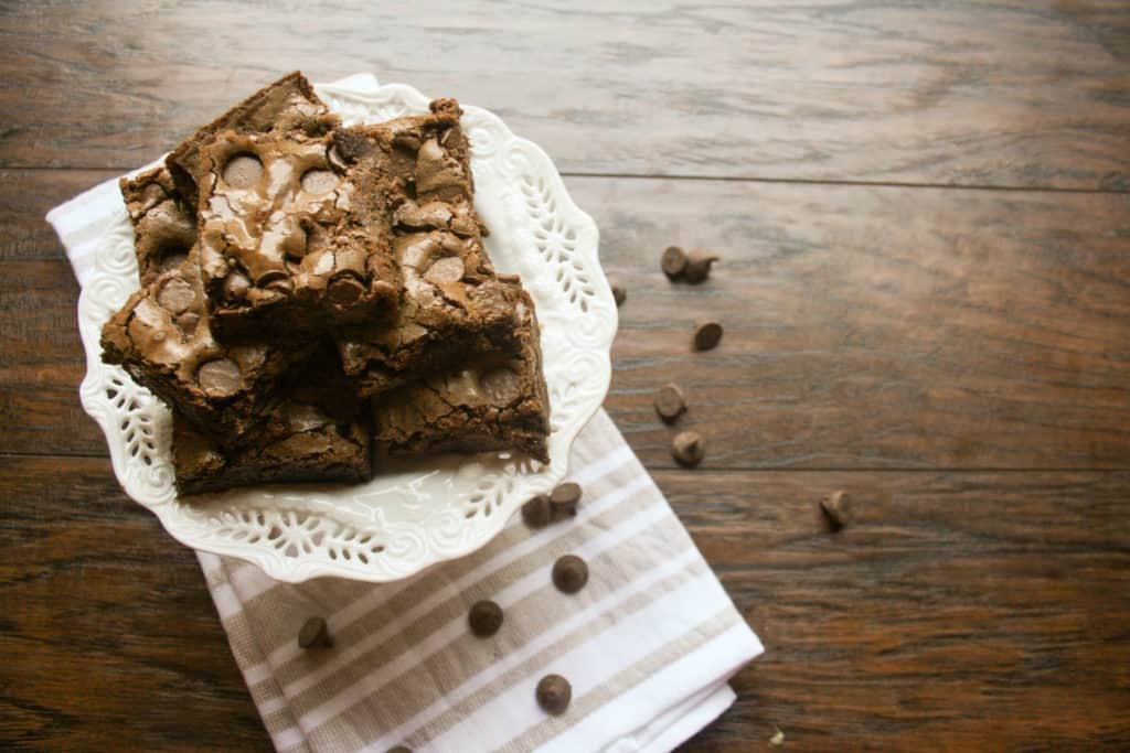 Double dark chocolate chip brownies are the perfect afternoon pick me up. Chock full of delicious, luscious chocolate, you won't be able to eat only one of these!