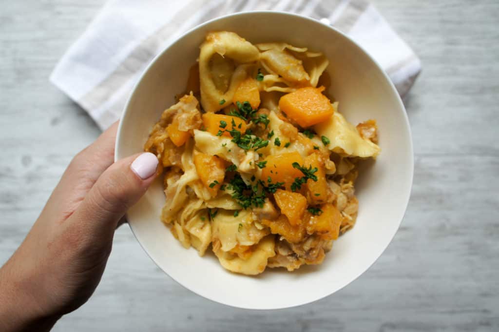 Butternut Squash Tortellini smothered in Parmesan cheese is the perfect Fall dinner the whole family will enjoy!