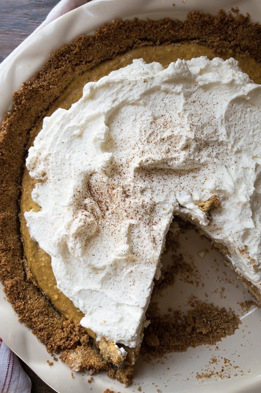 Three delicious layers in this pie: graham cracker crust, cheesecake and pumpkin pie. The perfect Thanksgiving and holiday themed dessert!