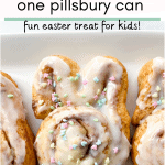 Pinterest pin with easter bunny cinnamon rolls