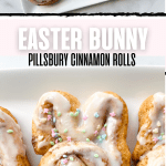 Pinterest pin with easter bunny cinnamon rolls