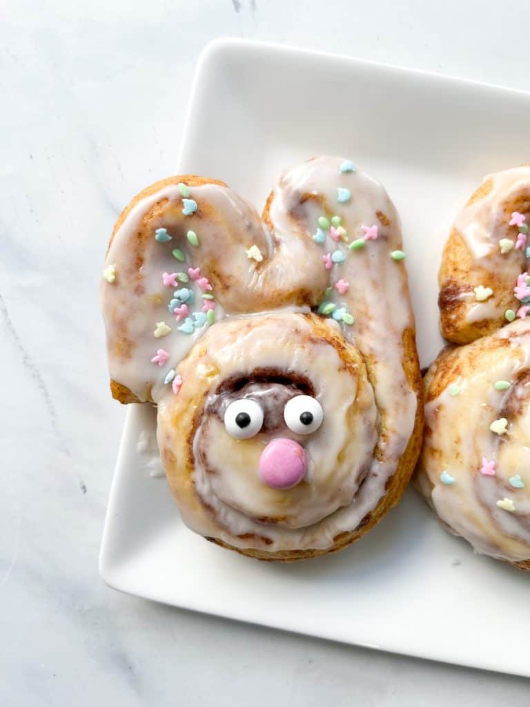 Easter cinnamon roll bunny with sprinkles and eyes