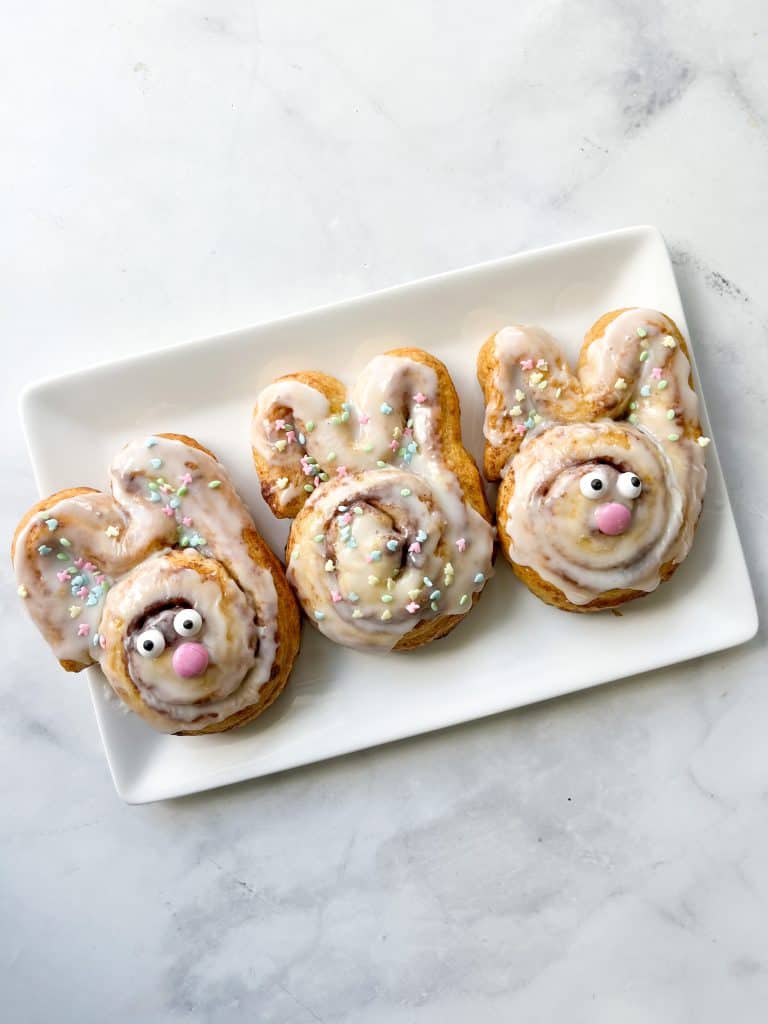 3 Easter cinnamon roll bunnies plated 