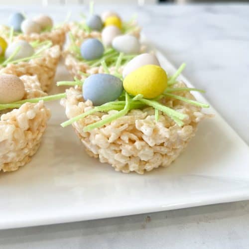 Rice Krispy Easter nests with edible grass and mini robin's eggs