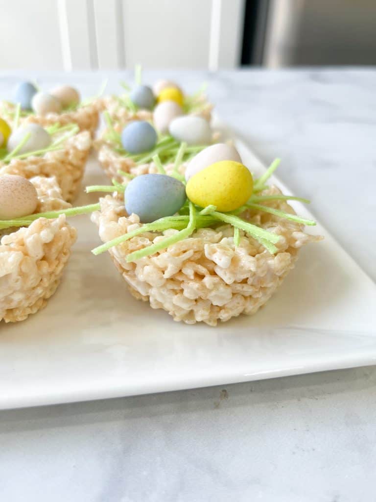 Rice Krispy Easter nests with edible grass and mini robin's eggs