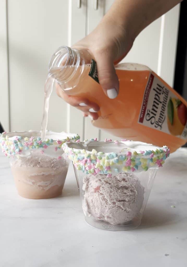 punch cups with strawberry ice cream and strawberry lemonade