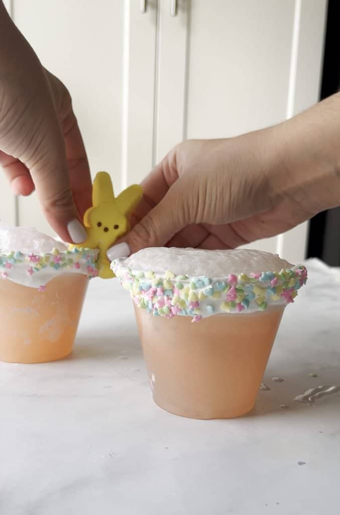 strawberry lemonade punch in cups and adding peeps as decor