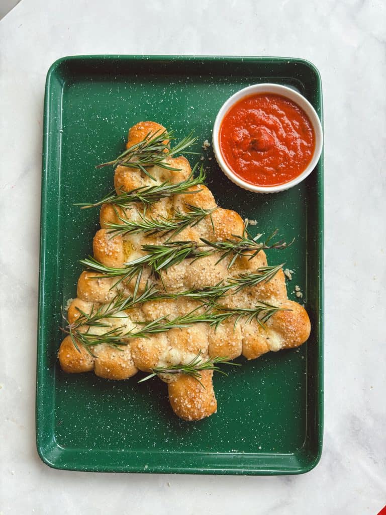a tray with a Christmas tree pull apart bread