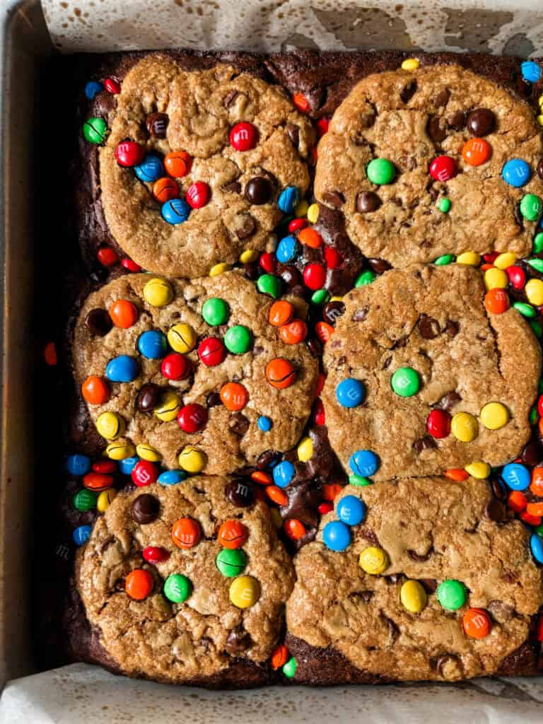 close up of brownie M&M cookie