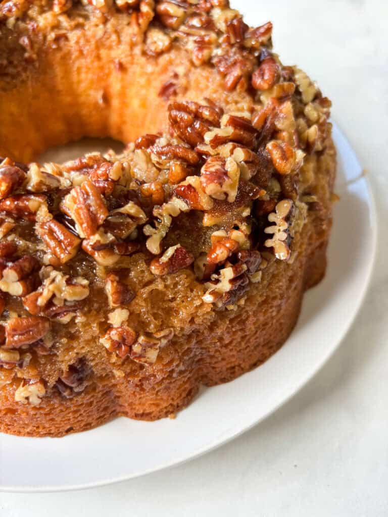 Close up photo of butter pecan bundt cake